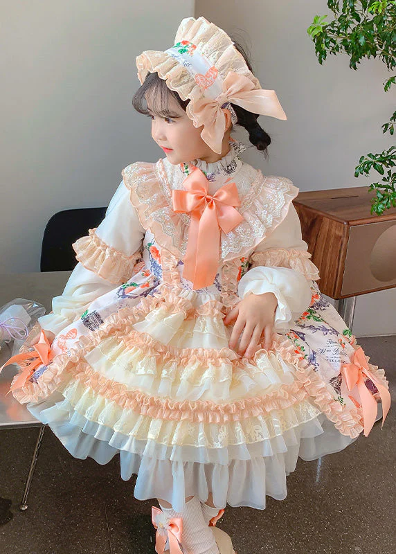 New Print Ruffled Bow Patchwork Cotton Kids Girls Princess Dresses Autumn - Image 5