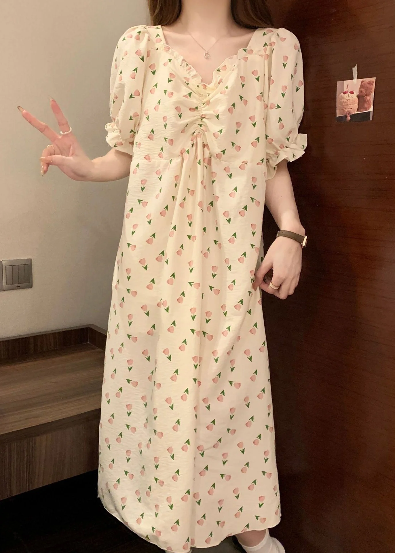 New Print Wrinkled Cotton Pajamas Long Dress Butterfly Sleeve - Image 4