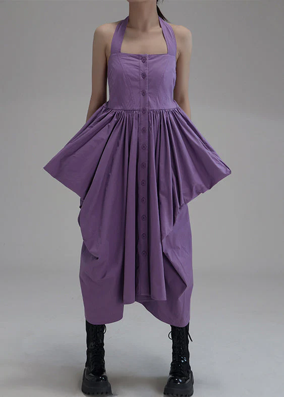 New Purple Asymmetrical Wrinkled Button Cotton Long Dress Sleeveless - Image 2
