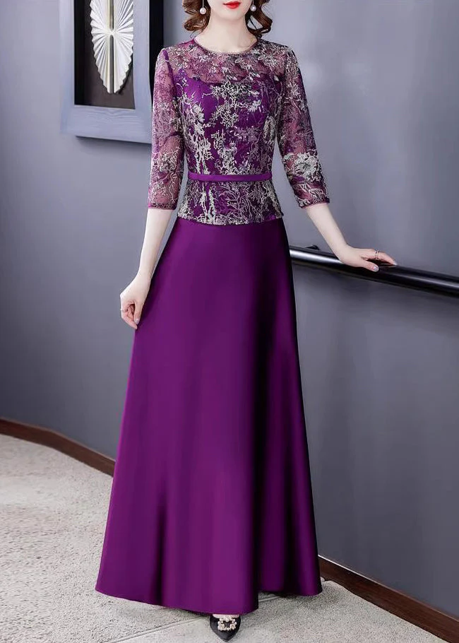 New Purple Embroidered Tulle Patchwork Maxi Dresses Half Sleeve - Image 2