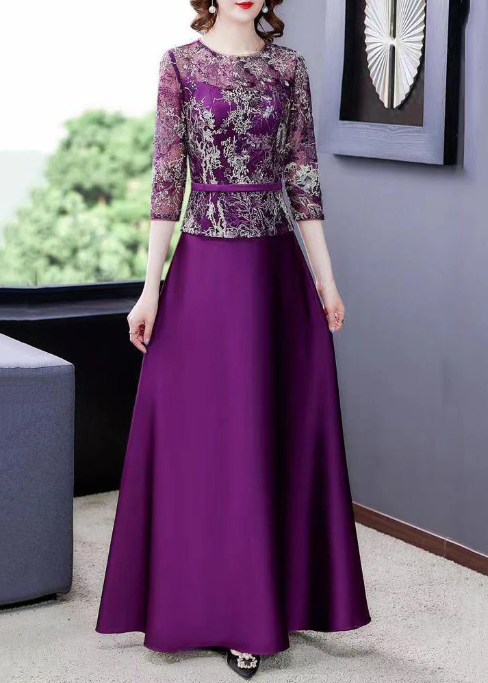 New Purple Embroidered Tulle Patchwork Maxi Dresses Half Sleeve - Image 3