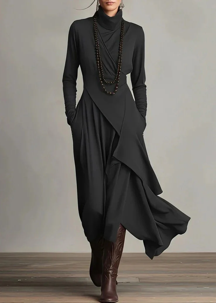 New Purple Hign Neck Asymmetrical Cotton Dress Spring - Image 5