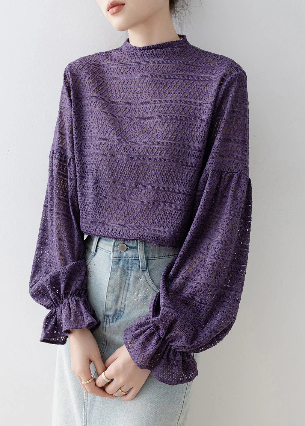 New Purple Hollow Out Patchwork Cotton T Shirt Tops Lantern Sleeve