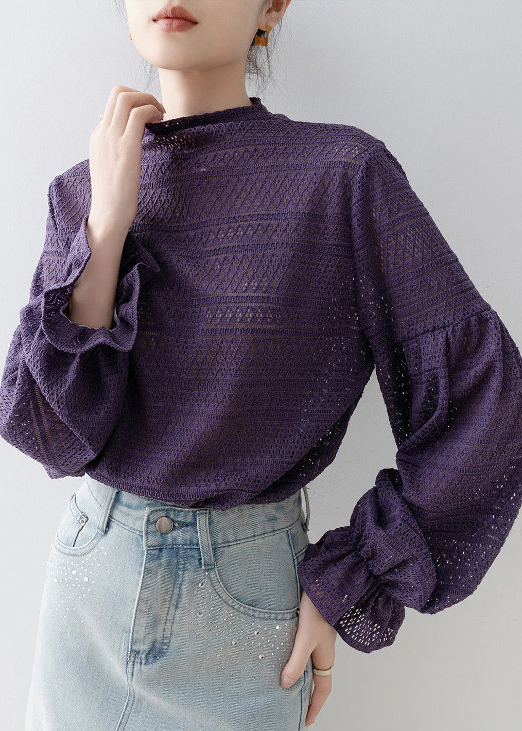 New Purple Hollow Out Patchwork Cotton T Shirt Tops Lantern Sleeve - Image 2