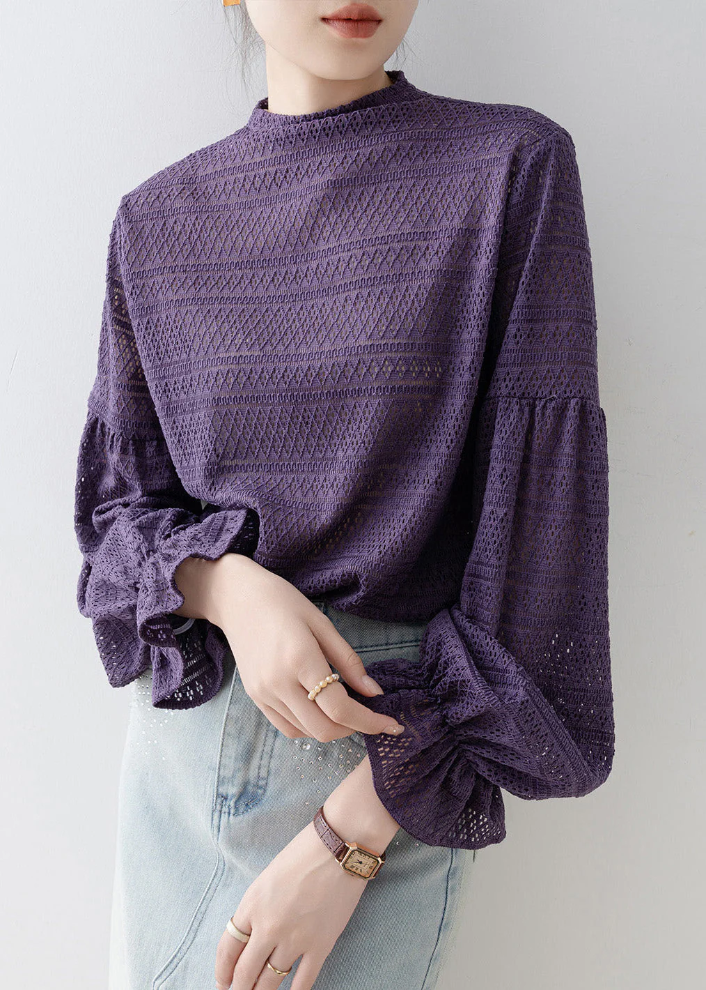 New Purple Hollow Out Patchwork Cotton T Shirt Tops Lantern Sleeve - Image 3