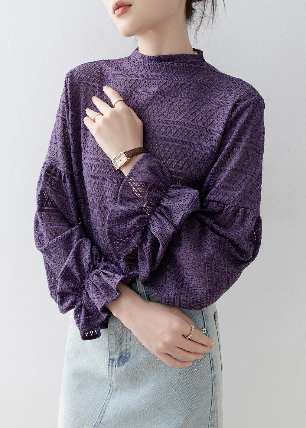 New Purple Hollow Out Patchwork Cotton T Shirt Tops Lantern Sleeve - Image 4