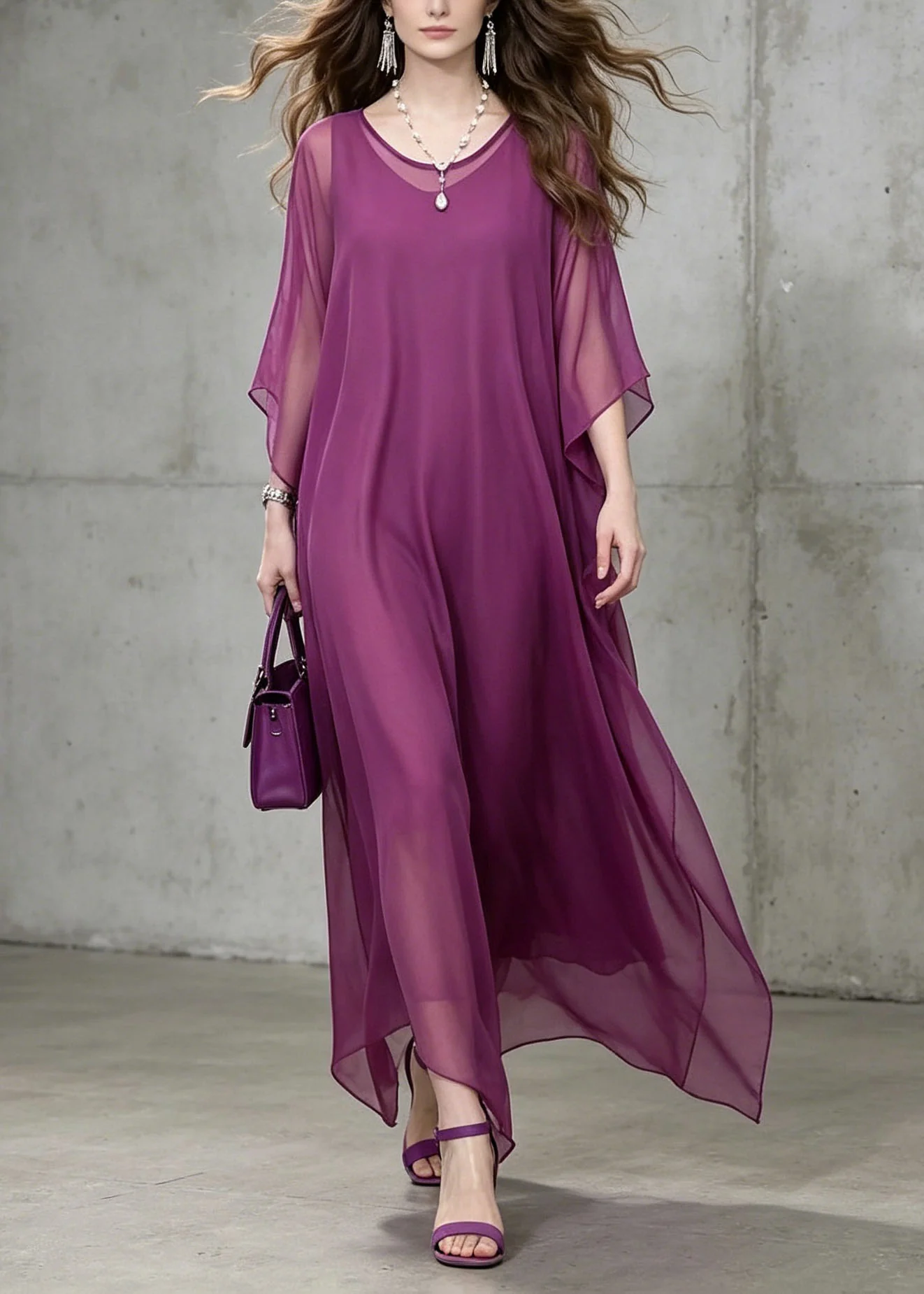 New Purple O Neck Loose Chiffon Ankle Dress Summer - Image 3