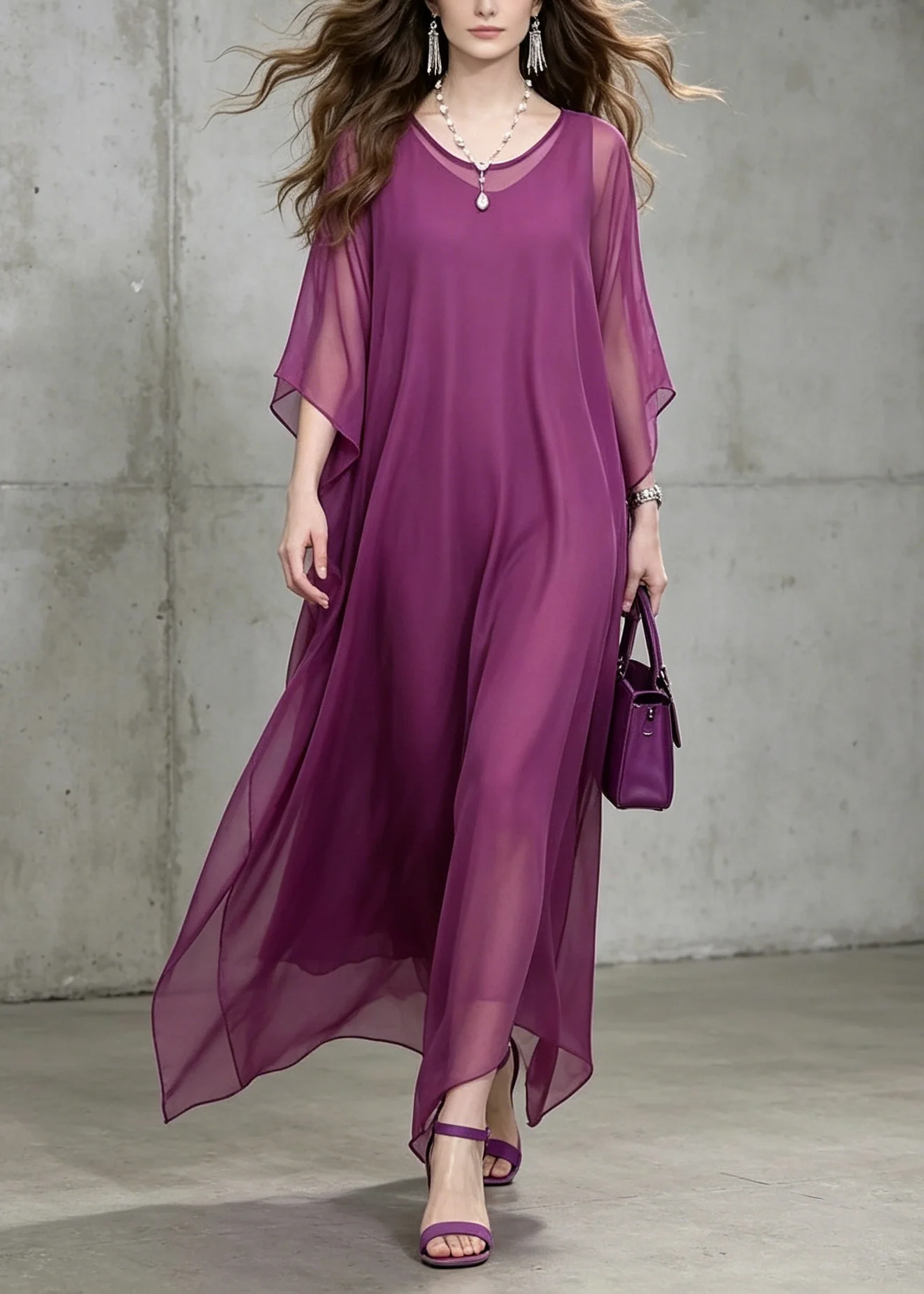 New Purple O Neck Loose Chiffon Ankle Dress Summer - Image 5