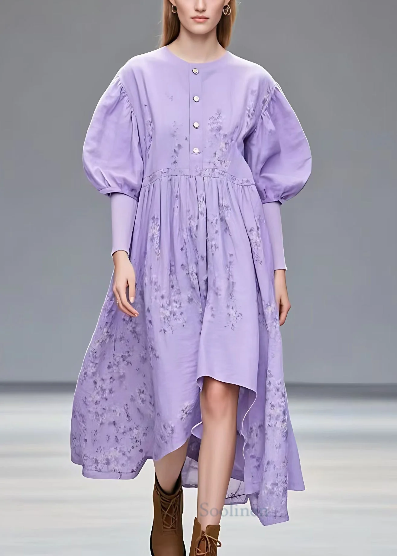 New Purple O Neck Print Cotton Dress Summer - Image 2