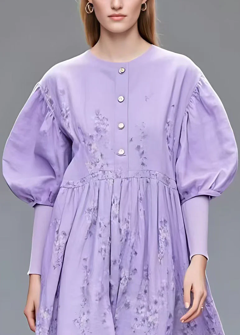 New Purple O Neck Print Cotton Dress Summer - Image 3