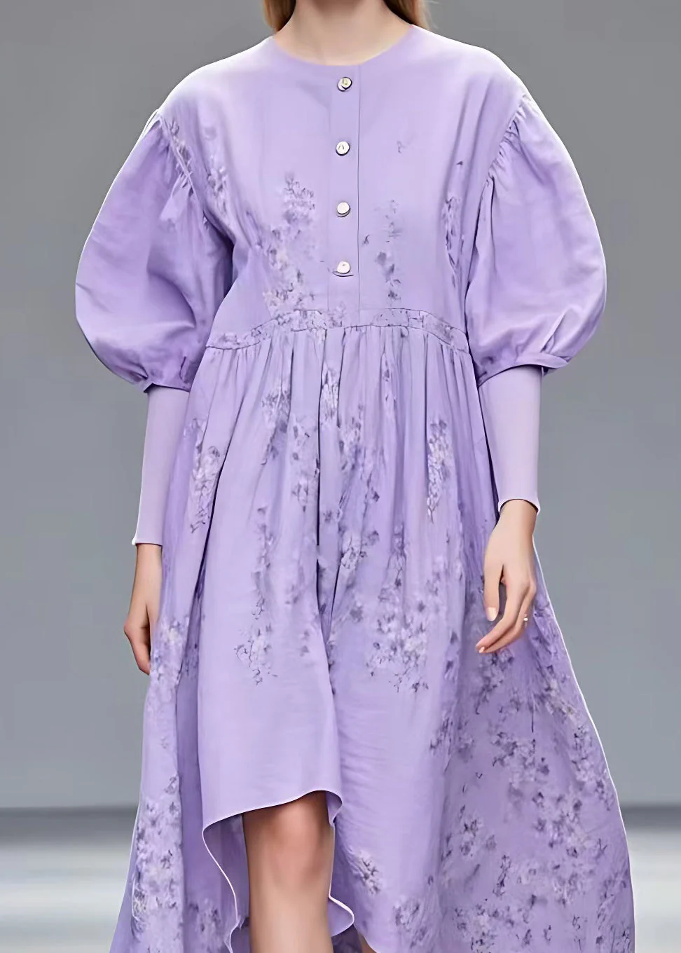 New Purple O Neck Print Cotton Dress Summer - Image 4