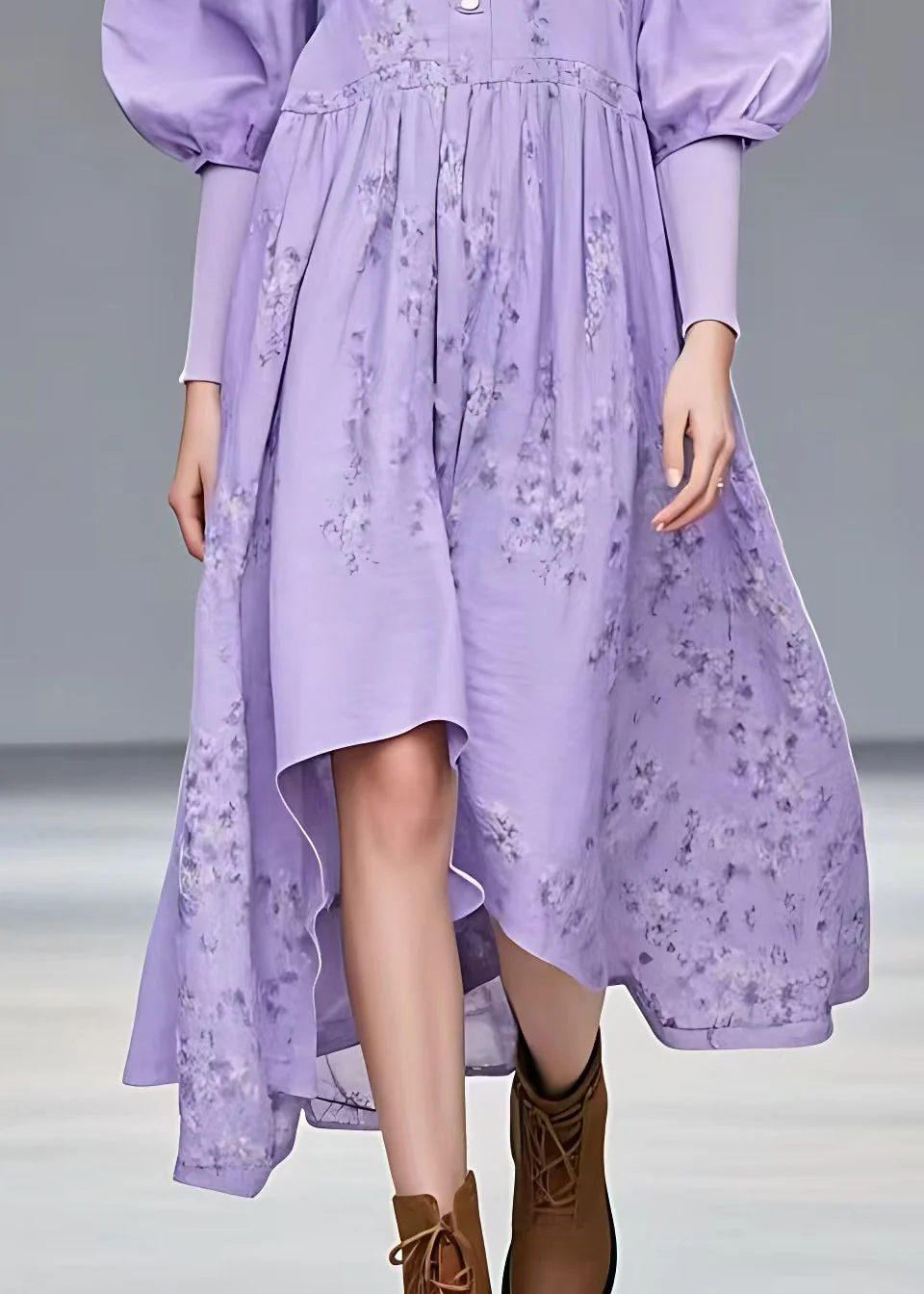 New Purple O Neck Print Cotton Dress Summer - Image 5