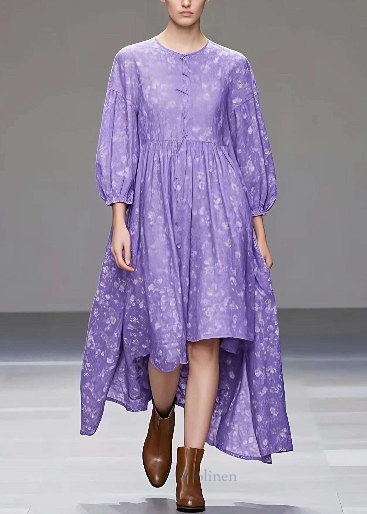New Purple O Neck Print Low High Design Cotton Dresses Fall - Image 2