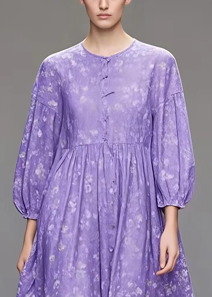 New Purple O Neck Print Low High Design Cotton Dresses Fall - Image 3