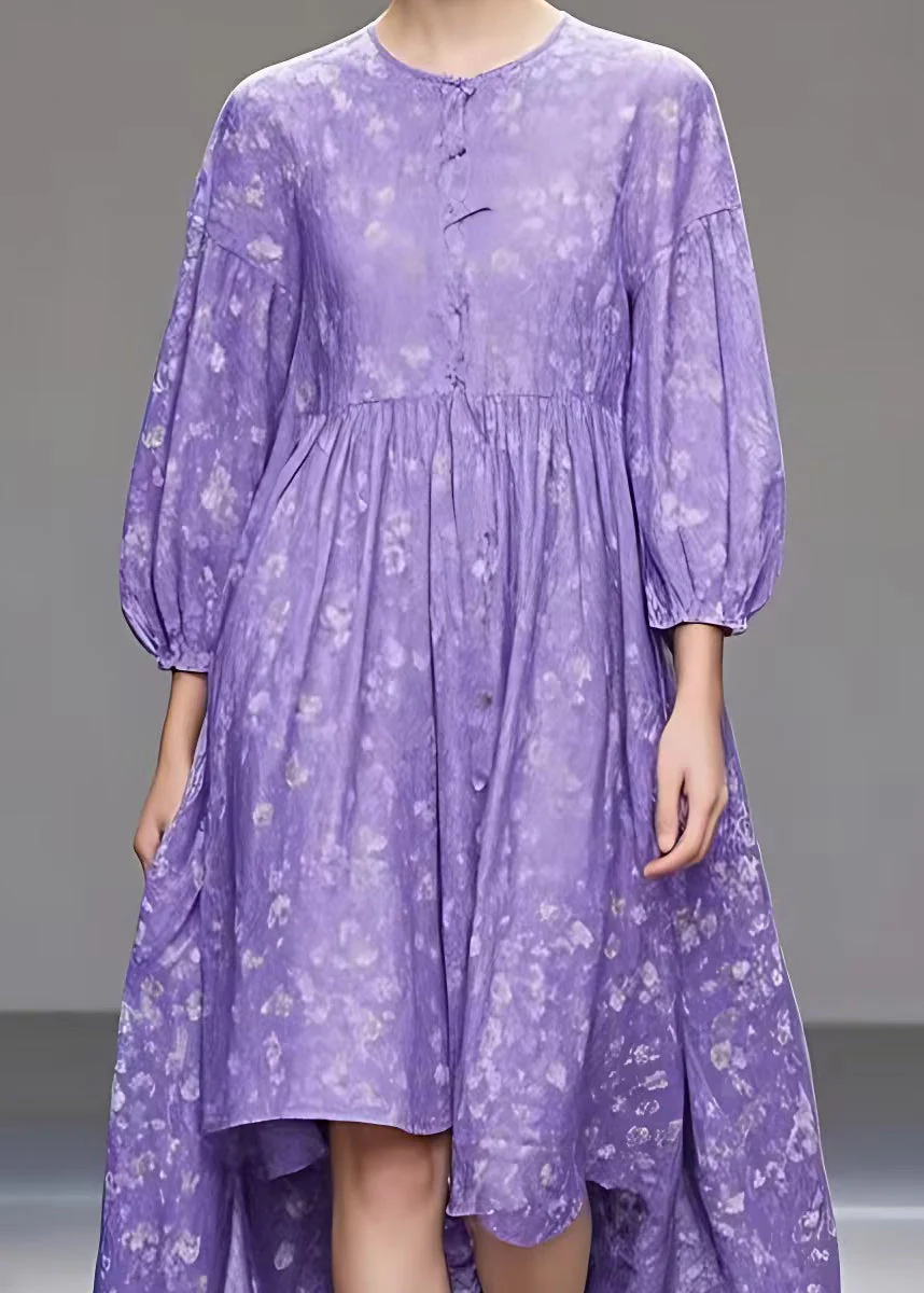 New Purple O Neck Print Low High Design Cotton Dresses Fall - Image 4