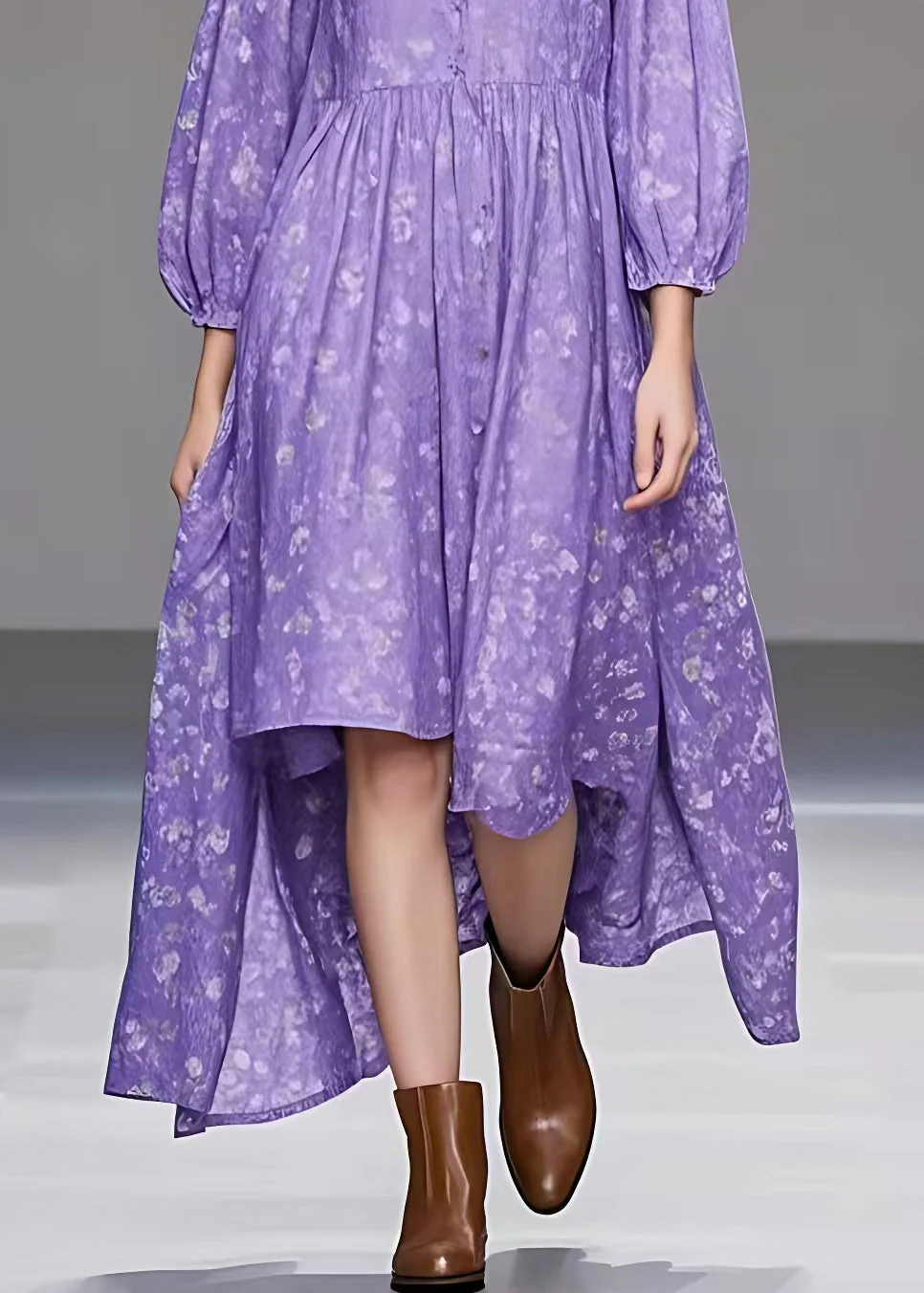 New Purple O Neck Print Low High Design Cotton Dresses Fall - Image 5