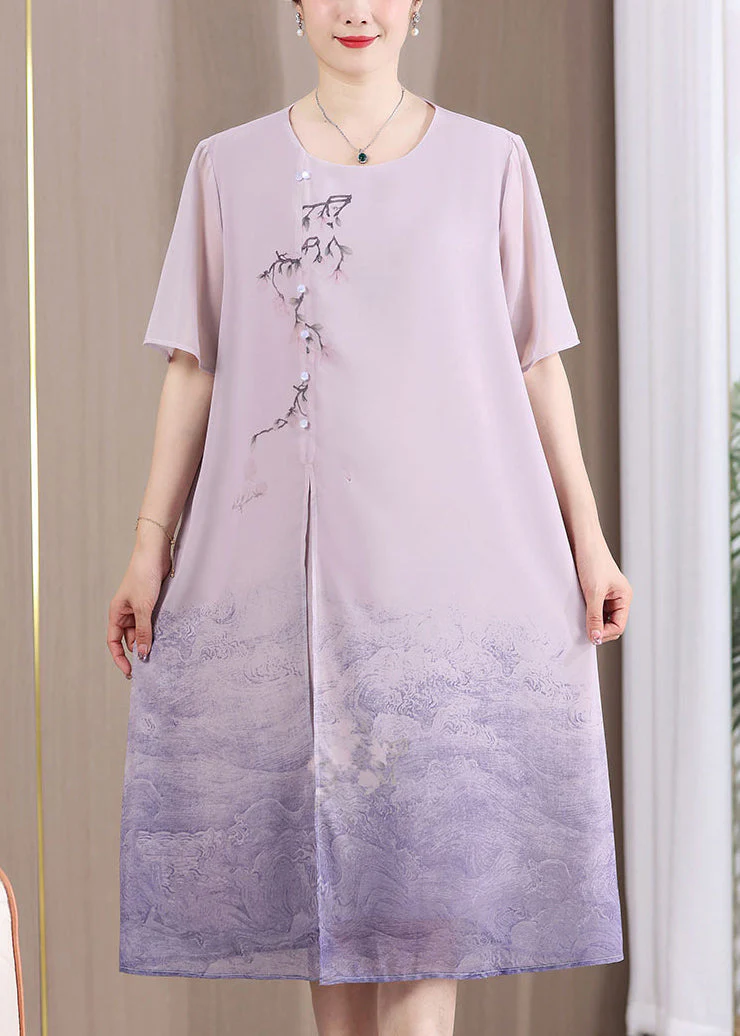 New Purple O Neck Print Patchwork Chiffon Dresses Summer - Image 2