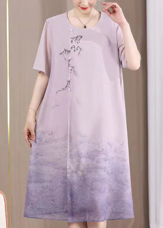 New Purple O Neck Print Patchwork Chiffon Dresses Summer - Image 3