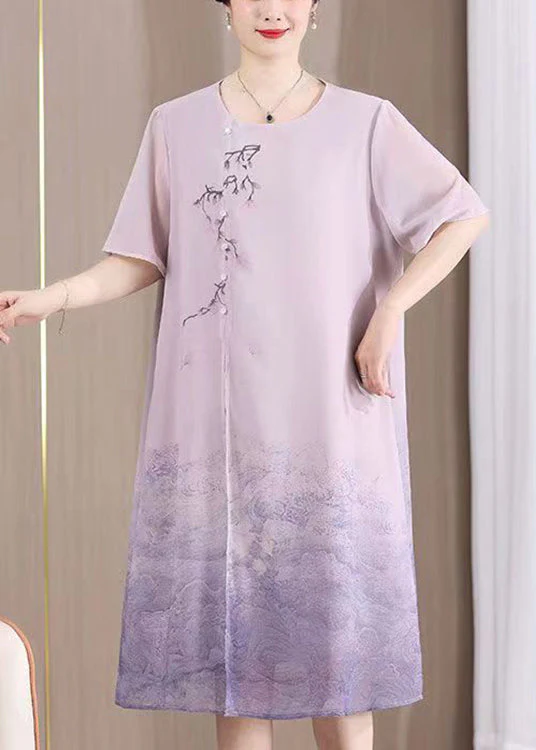 New Purple O Neck Print Patchwork Chiffon Dresses Summer - Image 4