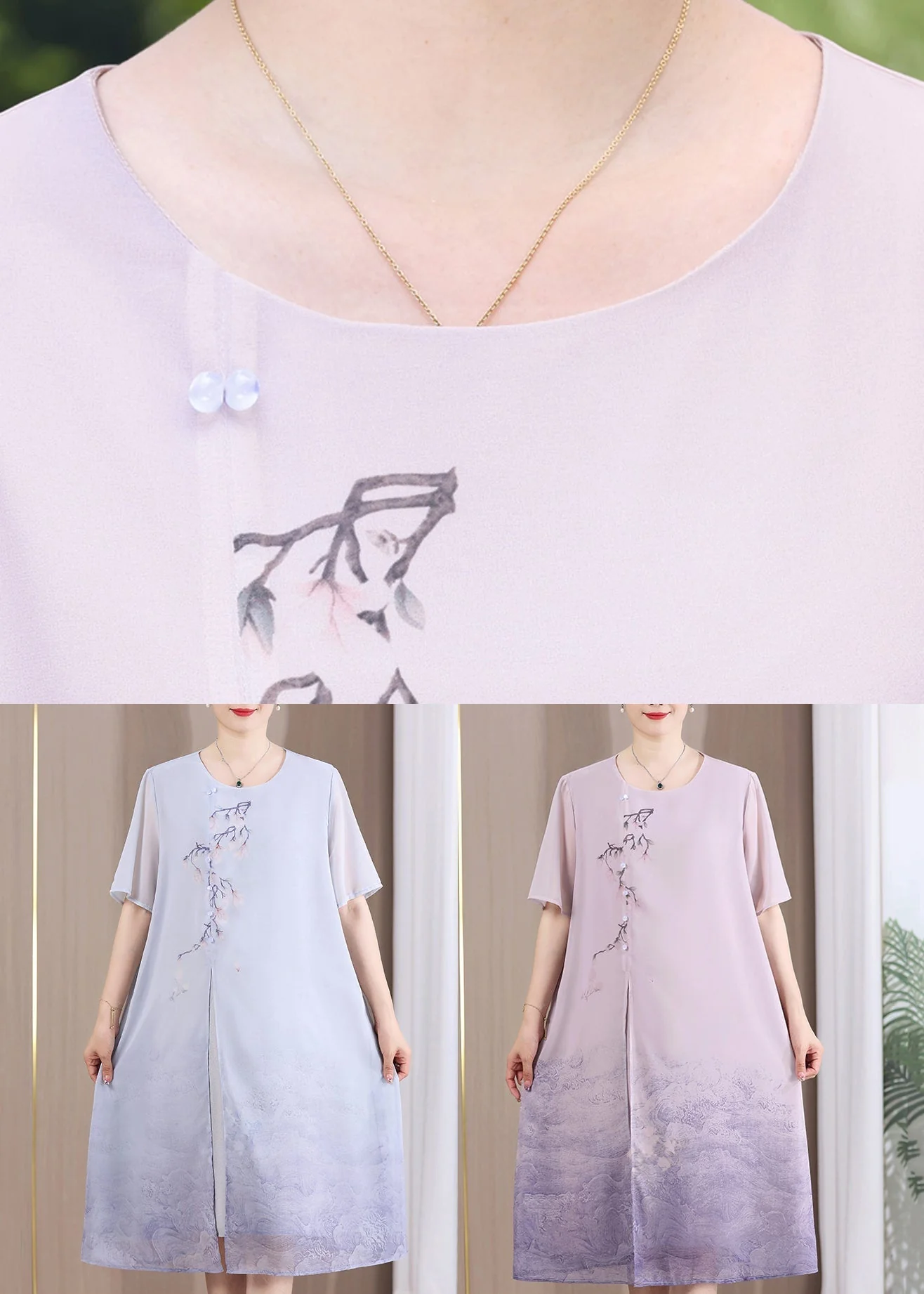 New Purple O Neck Print Patchwork Chiffon Dresses Summer - Image 5