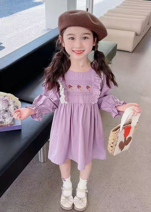 New Purple O-Neck Ruffled Cotton Girls Dress Flare Sleeve - Image 2