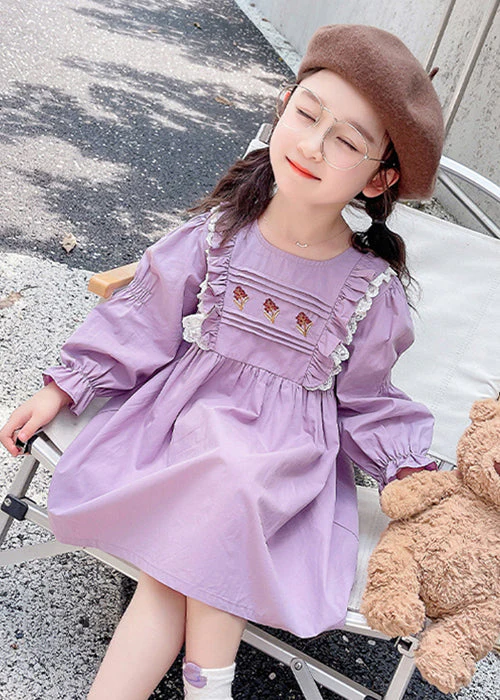 New Purple O-Neck Ruffled Cotton Girls Dress Flare Sleeve - Image 3