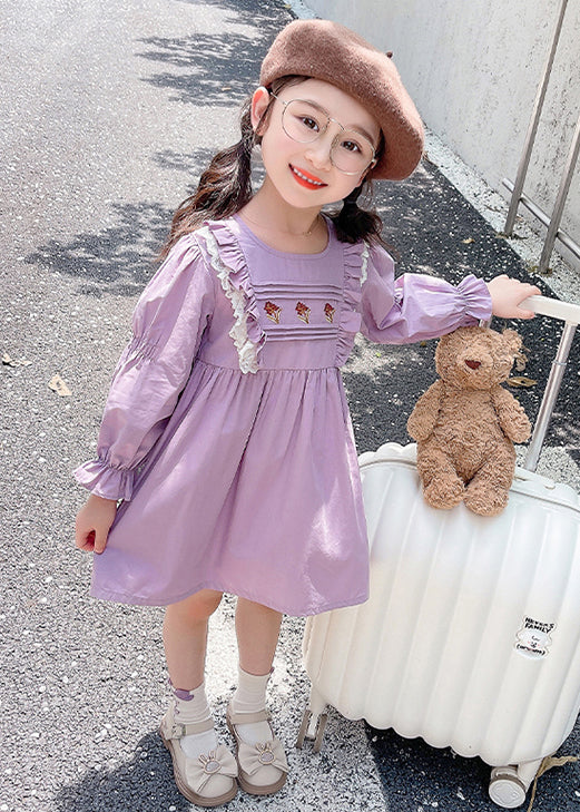 New Purple O-Neck Ruffled Cotton Girls Dress Flare Sleeve - Image 4
