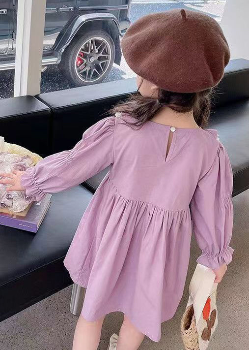 New Purple O-Neck Ruffled Cotton Girls Dress Flare Sleeve - Image 5