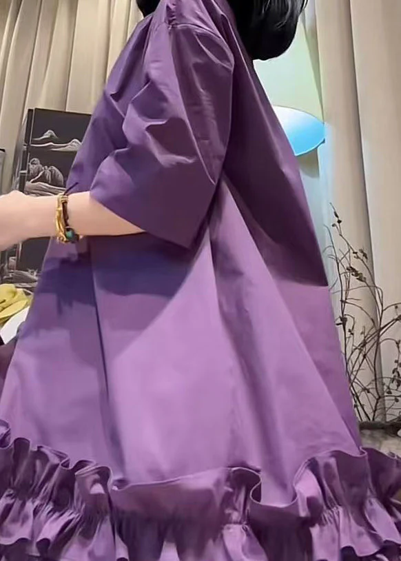 New Purple O Neck Ruffled Patchwork Cotton Mid Dresses Summer - Image 4