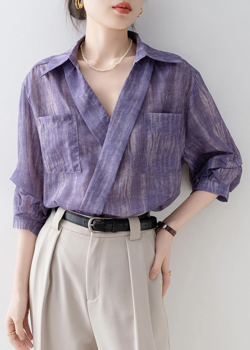 New Purple Peter Pan Collar Striped Pockets Cotton Shirts Summer - Image 2