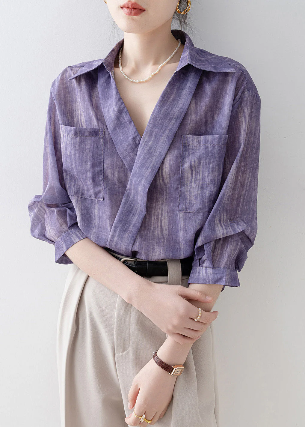 New Purple Peter Pan Collar Striped Pockets Cotton Shirts Summer - Image 3