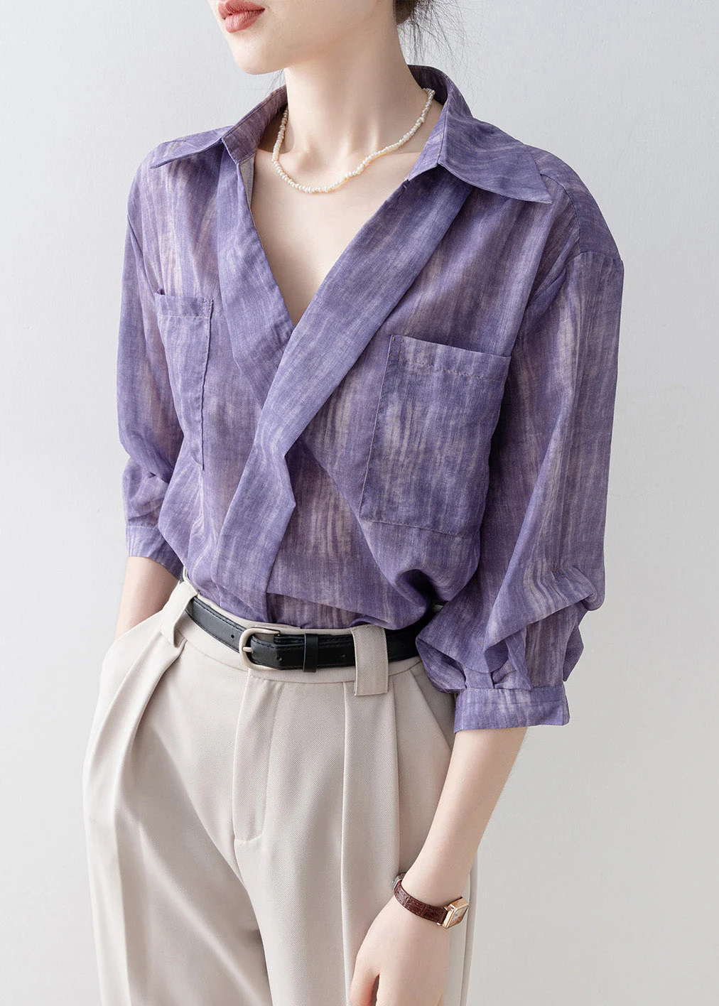 New Purple Peter Pan Collar Striped Pockets Cotton Shirts Summer - Image 4