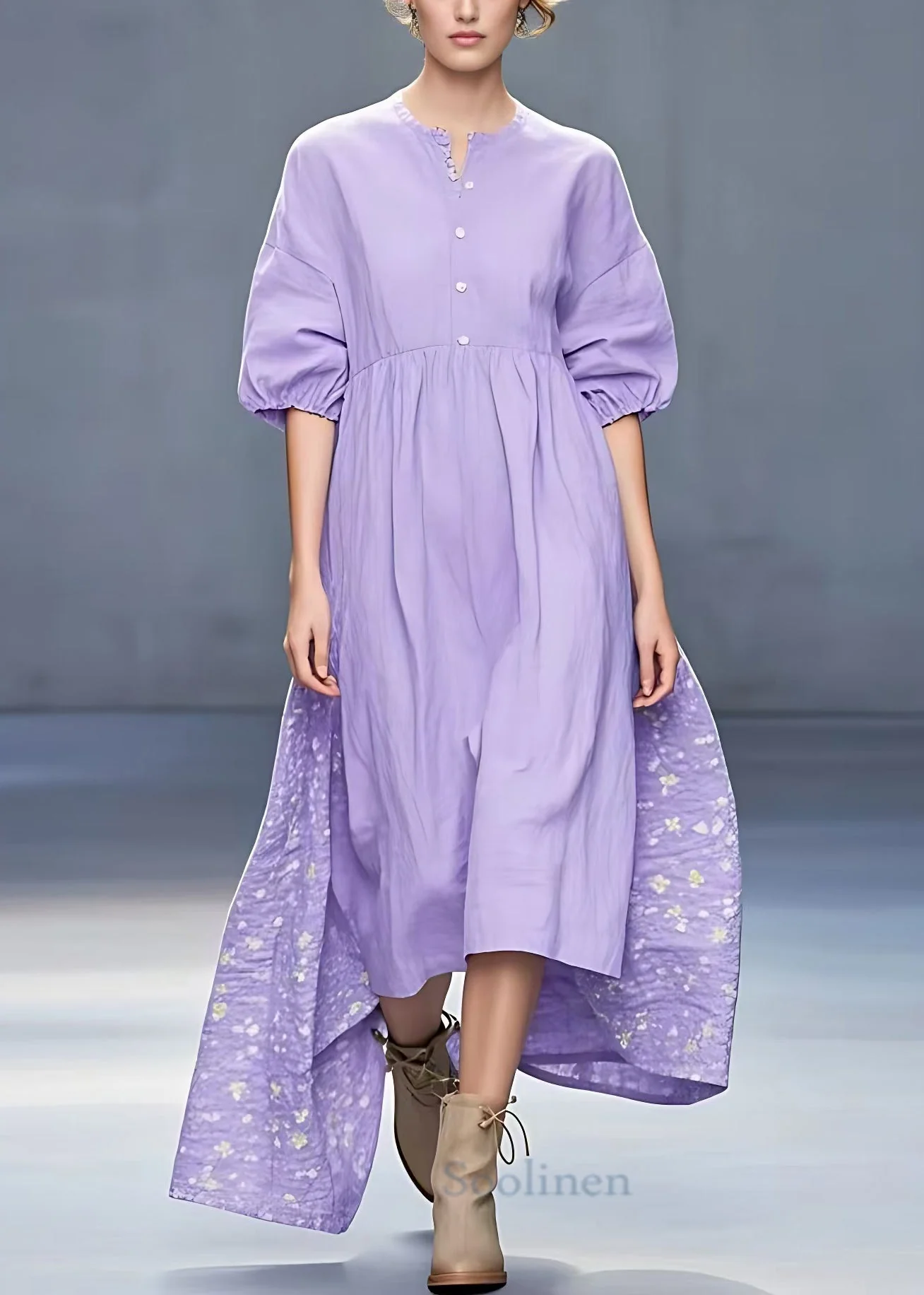 New Purple Print Low High Design Cotton Dress Half Sleeve - Image 2