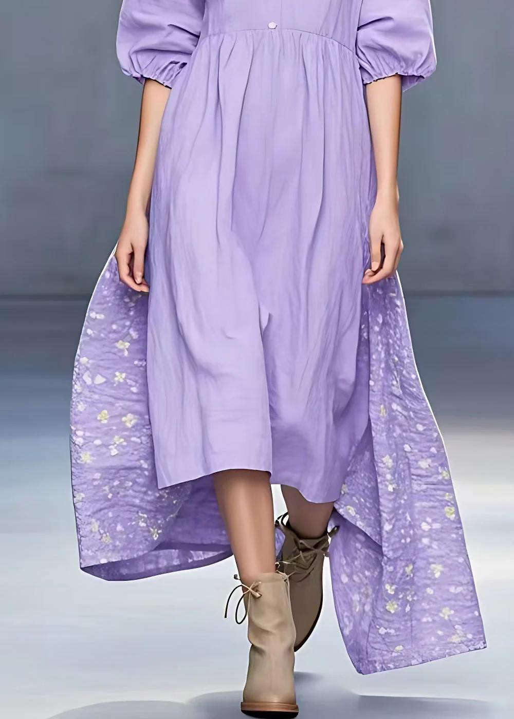 New Purple Print Low High Design Cotton Dress Half Sleeve - Image 4