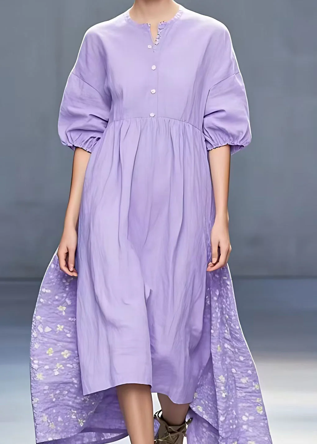 New Purple Print Low High Design Cotton Dress Half Sleeve - Image 5