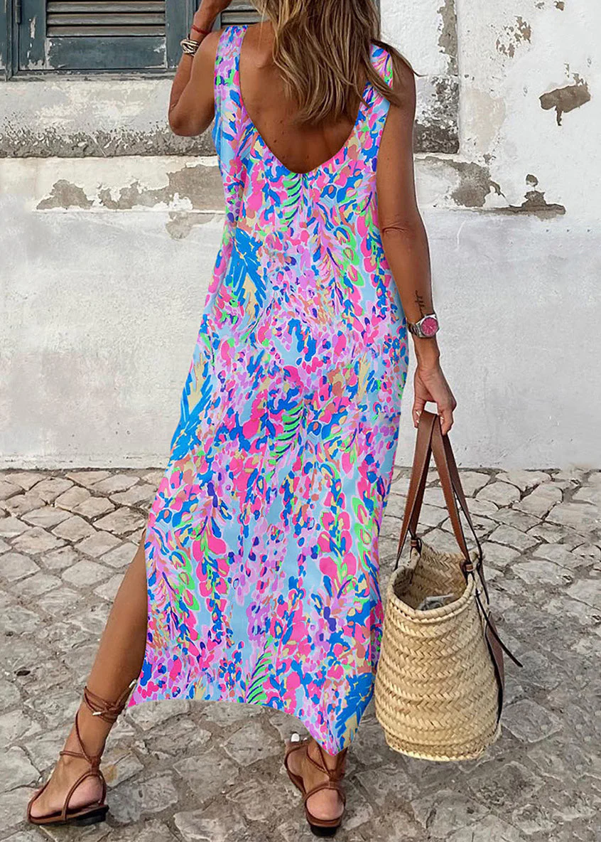 New Purple Print Side Open Cotton Maxi Dress Sleeveless - Image 2