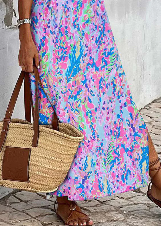 New Purple Print Side Open Cotton Maxi Dress Sleeveless - Image 4