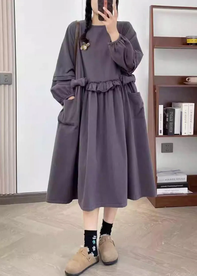 New Purple Ruffled Pockets Cotton Long Dresses Spring - Image 2