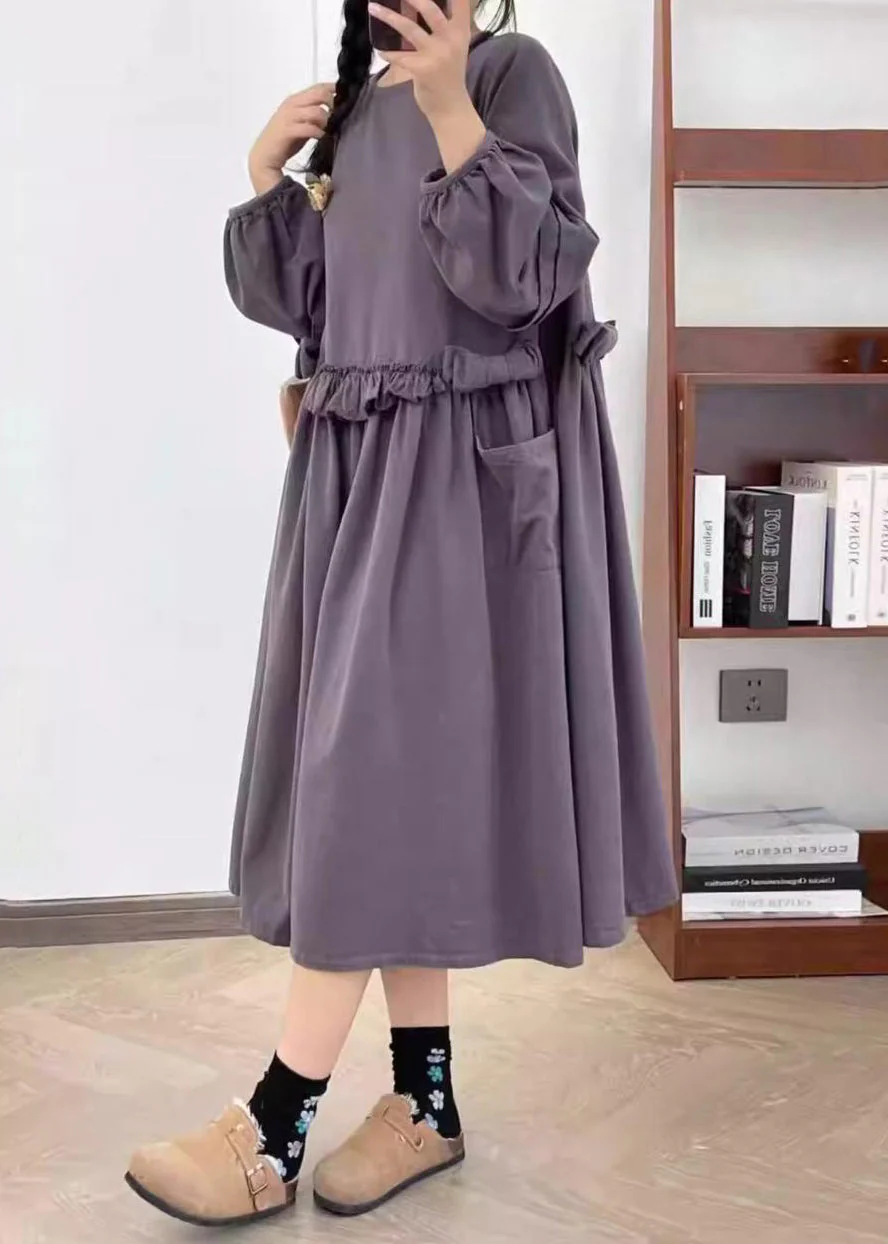 New Purple Ruffled Pockets Cotton Long Dresses Spring - Image 3