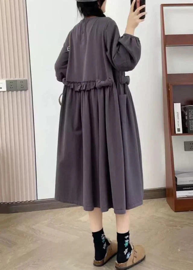 New Purple Ruffled Pockets Cotton Long Dresses Spring - Image 4