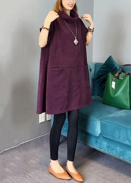 New Purple Turtleneck Pockets Cotton Mid Dress Short Sleeve - Image 3