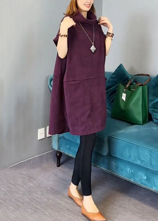New Purple Turtleneck Pockets Cotton Mid Dress Short Sleeve - Image 4