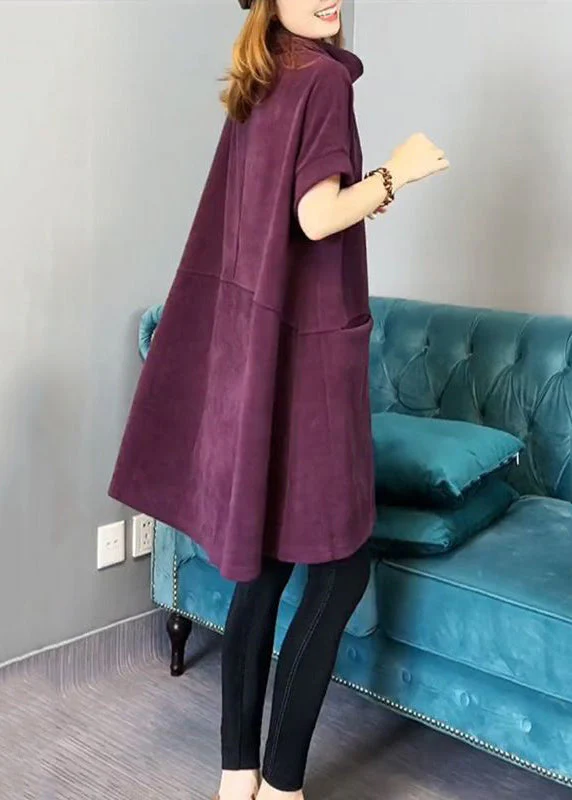 New Purple Turtleneck Pockets Cotton Mid Dress Short Sleeve - Image 5