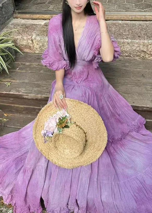 New Purple V Neck Original Design Cotton Maxi Dresses Summer - Image 2