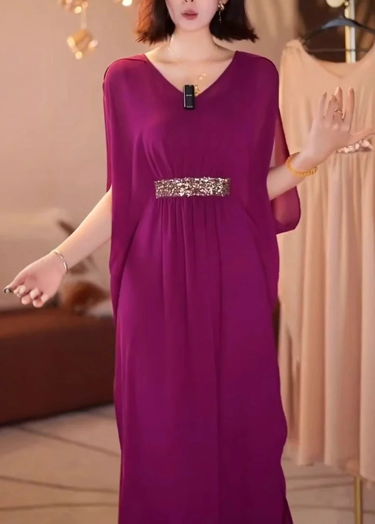 New Purple V Neck Patchwork Chiffon Dress Batwing Sleeve - Image 2