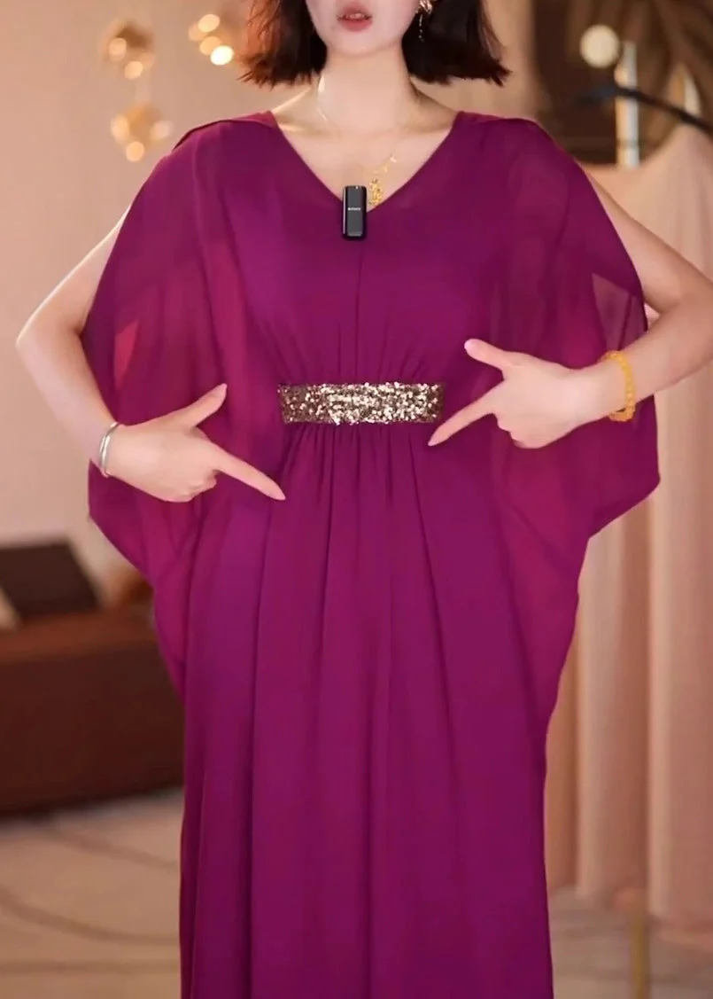 New Purple V Neck Patchwork Chiffon Dress Batwing Sleeve - Image 3