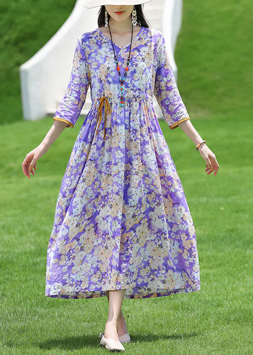 New Purple V Neck Print Lace Up Cotton Long Dress Half Sleeve - Image 2