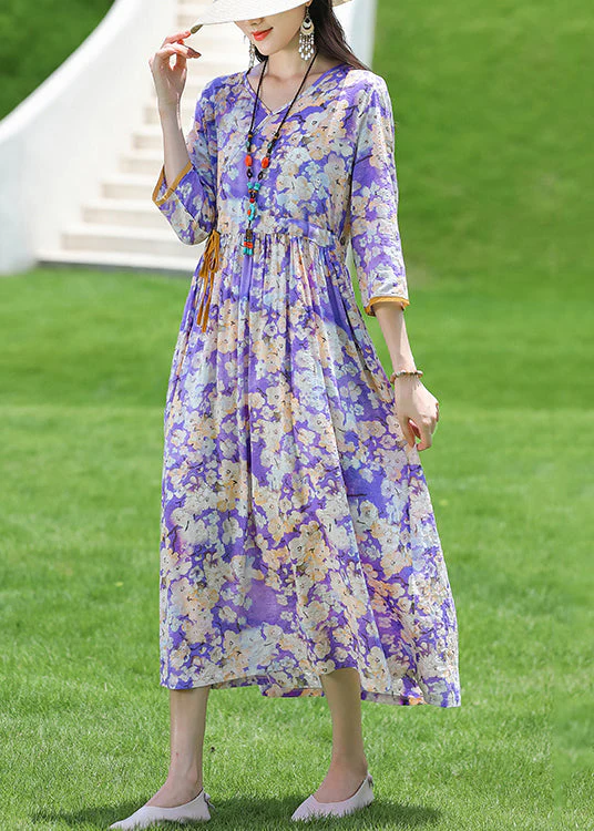 New Purple V Neck Print Lace Up Cotton Long Dress Half Sleeve - Image 3