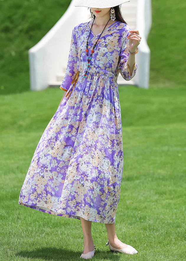 New Purple V Neck Print Lace Up Cotton Long Dress Half Sleeve - Image 4