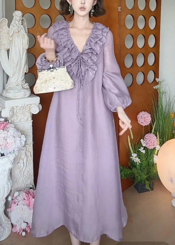 New Purple V Neck Ruffled Lace Up Silk Long Dress Fall - Image 3